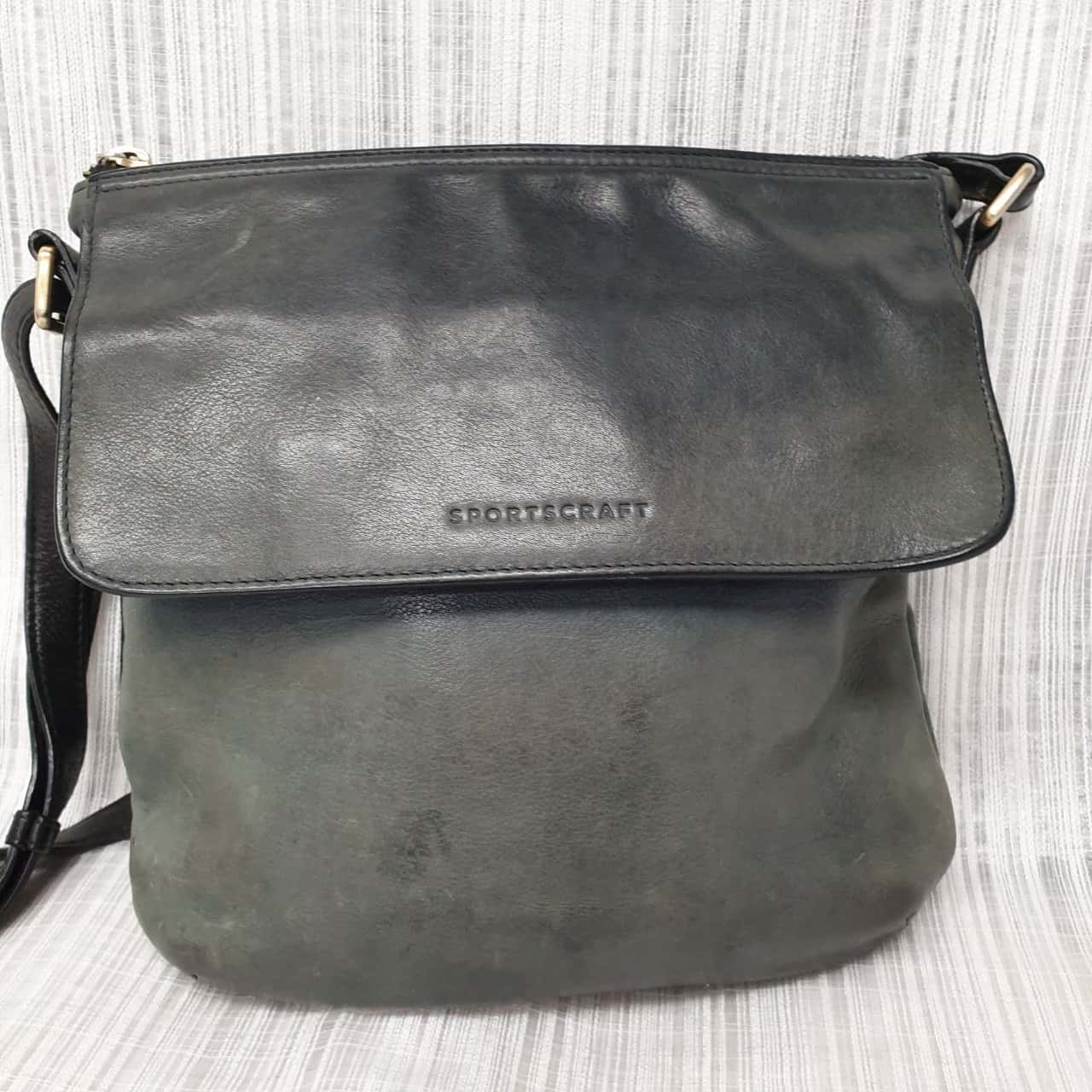 Sportscraft Dark Green Leather Crossbody / Messenger Style Handbag with
