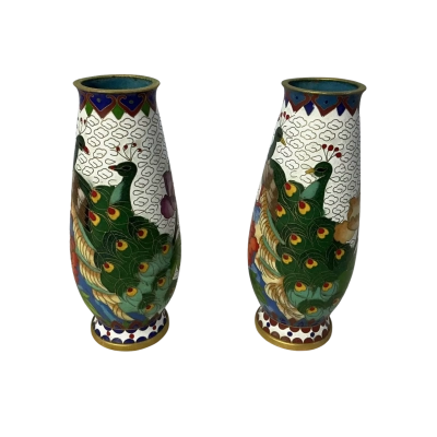 Cloisonne Peacock / Floral Pattern 2 x Bud Vases