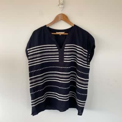 Noni B Navy Blue Striped Short Sleeve 100% Linen Top  Size 16 