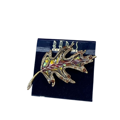 Vintage Gold Tone Liz Claiborne Leaf Brooch Enamel & Yellow Crystal 2.5" Long