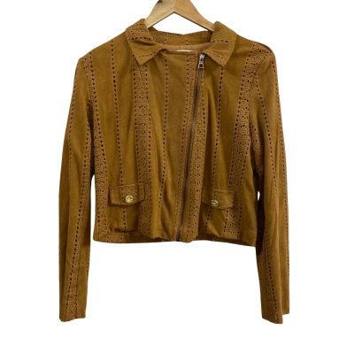 Jaase Womens  Size L Jodi Faux Suede Broderie Asymmetrical Jacket Tan