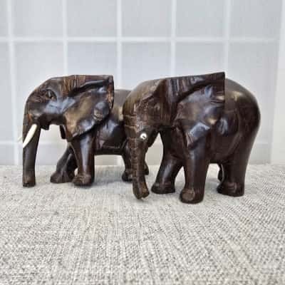 Pair Of Hand Carved Wood Elephants