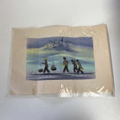 Vietnamese Watercolour Painting On Silk Rural Village Scene