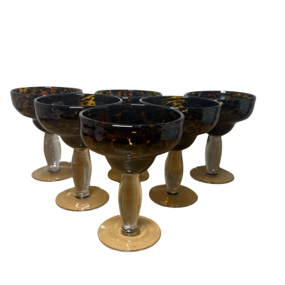 Hand blown Italy Leopard Print Margarita, Daiquiri, Desert Glasses x6