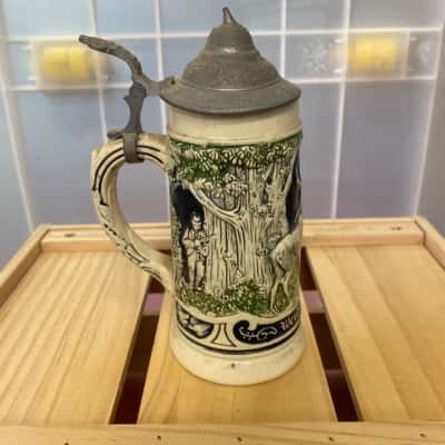 Vintage German Beer Stein With Metal Lid Hunting Scene 