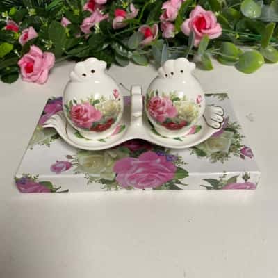 Vintage Bone China Salt & Pepper shakers on a matching tray