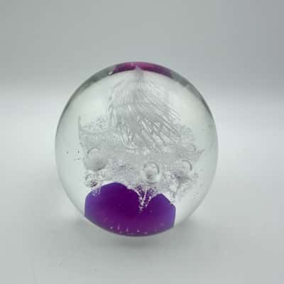 Art Glass Purple & White Controlled Bubbles Paperweight