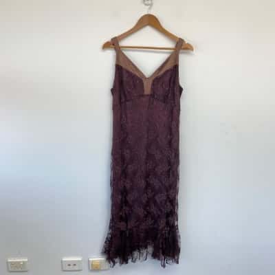 Anthea Crawford Burgundy Floral Lace Sleeveless Midi Dress  Size 14 