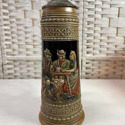 Very Large 12" Ceramarte Brazil Stein Tall Relief Mug Bar Barware Drinking