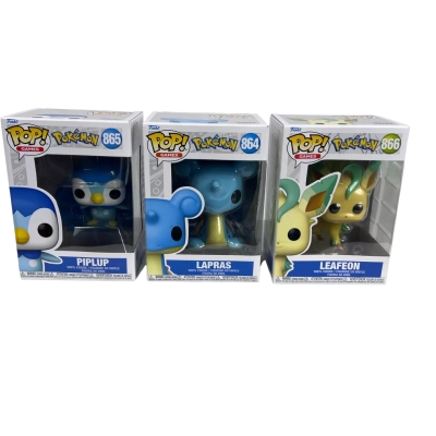  Funko POP! Games Pokémon vinyl figures: Lapras (#864), Leafeon (#866), and Piplup (#865)