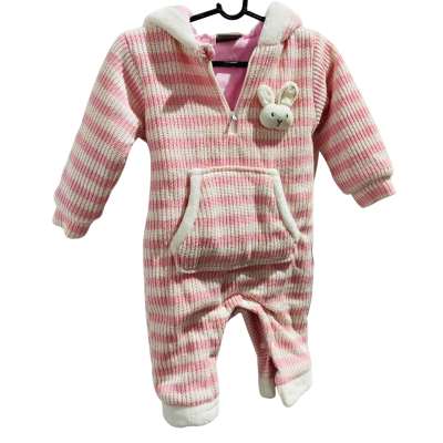  Kids  Size 6-12m Onesie Pink  / White  with a hood with bunny ears
