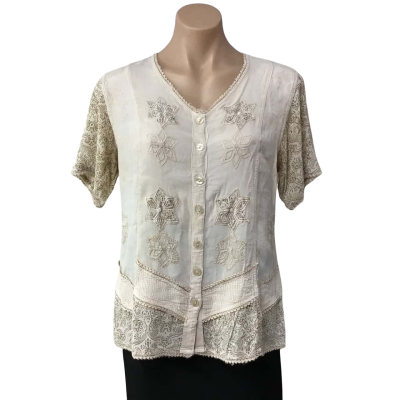 Soukad Collection Womens Size M Cream / Green / Brown Pattern Button up Short Sleeve Top