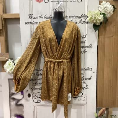 ASOS / Asos Design Brand! NWOT PLUNGING NECKLINE SEQUENCED LONG PUFF SLEEVE DRESS WRAP DRESS! Womens  Size 10 Cocktail Dress / Long Sleeve Dress / Mini Dress Gold 