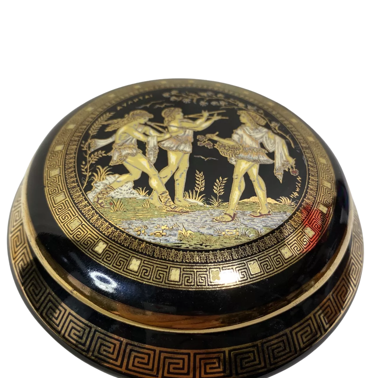 vintage Greek ceramic trinket box, typically handcrafted and decorated