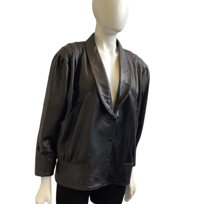 `Vintage’ Custom Leather Womens Label Size 14 Shawl Collar Jacket Black 
