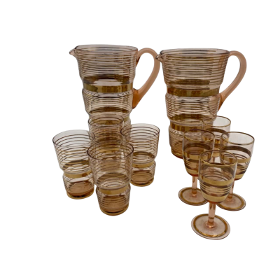 Collection of Vintage Amber Glass with Gold Stripes Jugs & Glasses