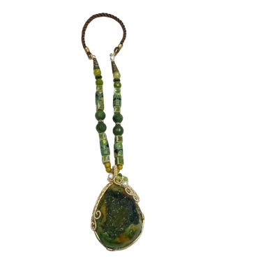  Hand Made Womens Green Druzy Agate Bead and cord Necklace