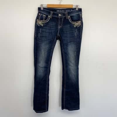 Grace Navy Blue Embellished Boot Cut Jeans  Size 28