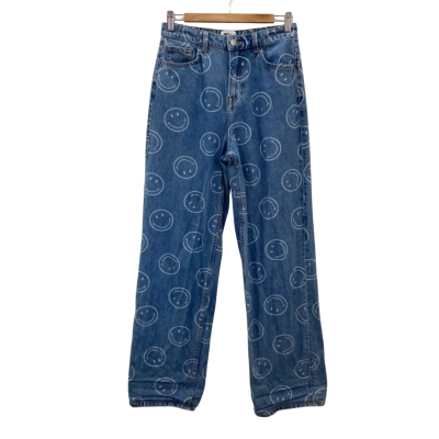 H&M Womens  Size 34 High-Waisted Straight Leg Jeans Blue Smiley Pattern