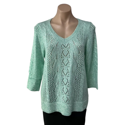 Womens approx Size S Green / White Cable Pattern V-Neck 3/4 Sleeve Jumper