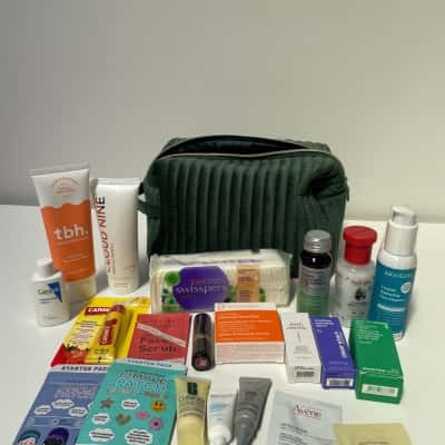Green velvet beauty bag with new skin care set
