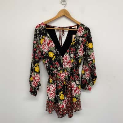 Showpo Black Floral European Sunset Long SLeeve Playsuit  Size 8 