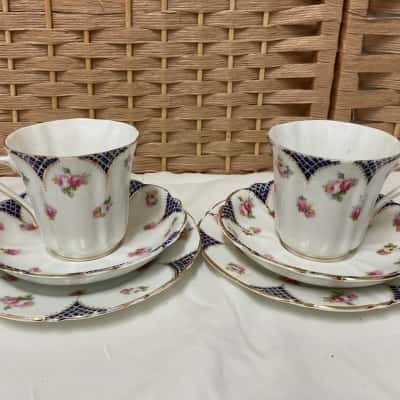 Set of 2 Antique Blairs China England Tea Trios Cup Saucer Plate Floral Collectable Gold Trim 