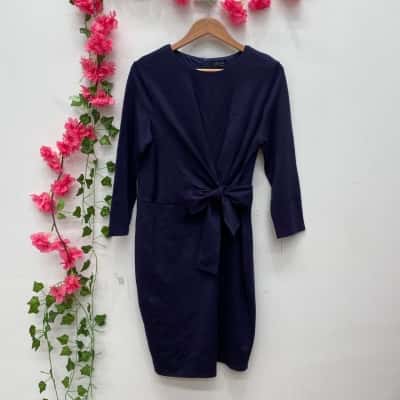 Forcast Womens Nicole Tie Front Long Sleeve Dress Size 12 Navy Blue 