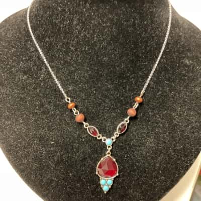  Womens Necklace Brown / Red / Silver / Turquoise tones