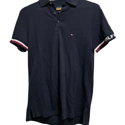 Tommy Hilfiger, Mens, Size S, navy blue collared shirt with white and maroon stripes detailing