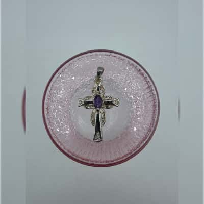 Silver Tone Clear & Purple Stone Cross Pendant 