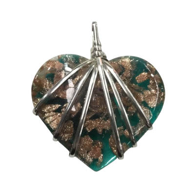  Women's Teal & Gold Glass Heart Pendant 