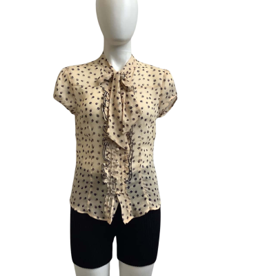 Cue Womens  Size S Neck Tie Floral Sheer Shirt Beige / Black