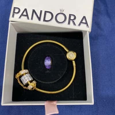 Pandora Sparkling Crown snake charm Stirling silver, gold plated, 4 charms. Womens Bracelet 