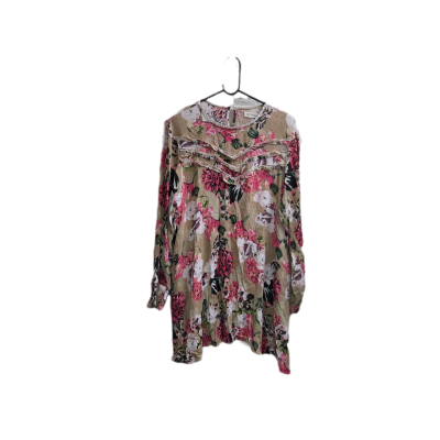 Iris Maxi Floral Tunic Dress Size 16 Boho Long Sleeve Pink Tan Crochet Detail