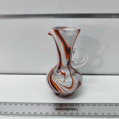 Blown Glass Pitcher Jug Small Brown White Handled 