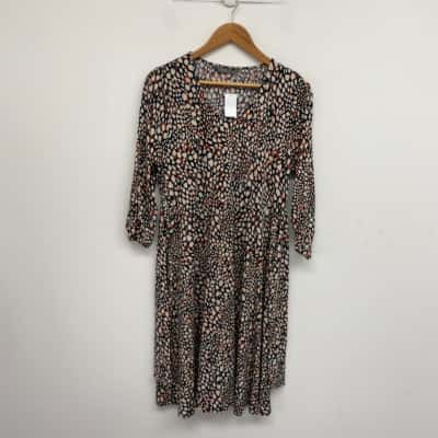 Jacqui-E Blue Beige Animal Print Pattern Long SLeeve Midi Dress Size L 
