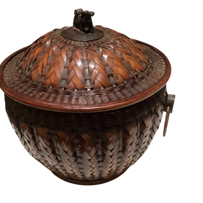 Vintage Chinese Woven Bamboo Wedding Basket with Carved Foo Dog Lid