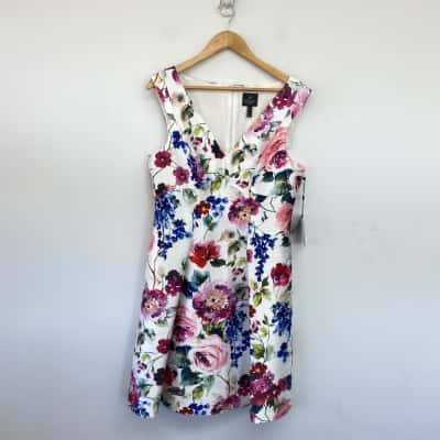Adrianna Papell White Pink Floral Sleeveless Mikado Midi Dress  Size 12 