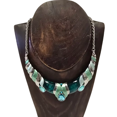  Womens Bib Necklace Silver Tone Setting with Pale Green and Deep Sea Green Enamel Blue Stones