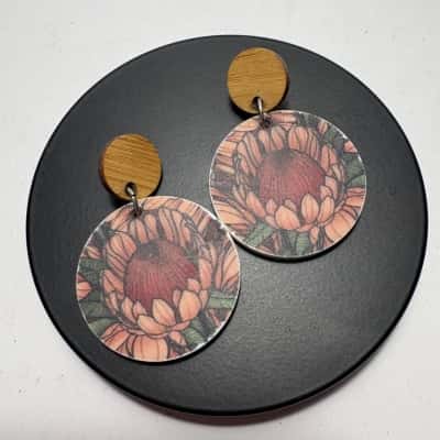 Luv Pretty Australian Made Lightweight Wooden Protea Flower Stud Earrings 