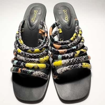  Gorman Size 38 "Medussa's Heel" strappy sandals with multicolored animal print design