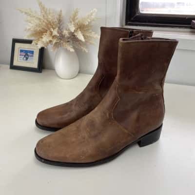 Don's Tan Leather Handmade Side Zip Ankle Boots Size 14