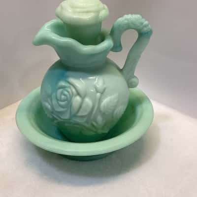 Vintage Avon Jadeite Glass Miniature Pitcher and Bowl