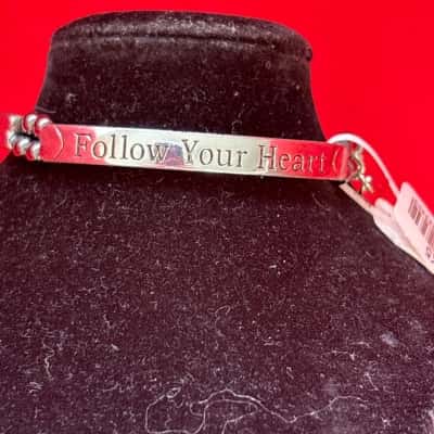  Women's Silver Tone Inspirational Stretch Bracelet Inscribed with the message “ Follow Your Heart”