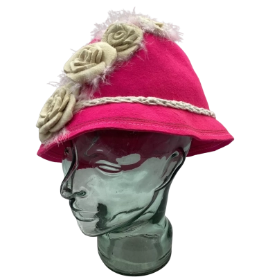 Womens Peruvian Hat, Pink with Cream trim and feathers 