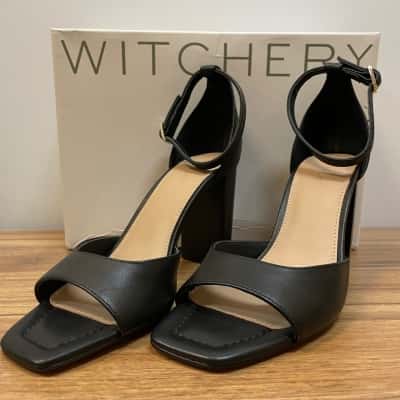 Witchery Suki Black Leather Ankle Strap High Heels Size 39  