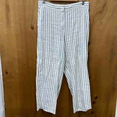 Sportscraft White/Green Striped Linen-Blend Pants Size 14