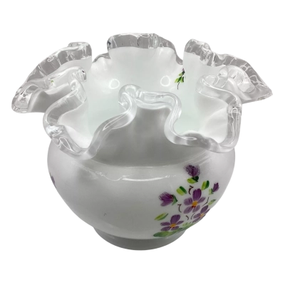 Fenton Glass Bowl hand painted “Violets in the snow” (Pam Fielder) 11cm high (CAB)