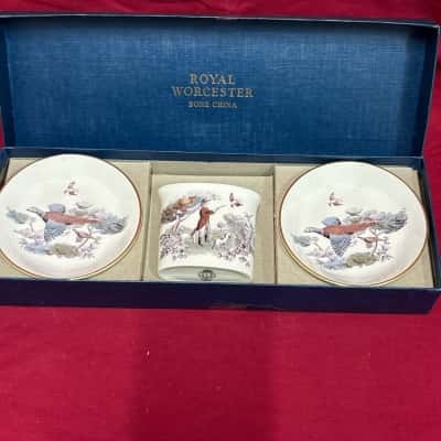 Royal Worcester Bone China 3 Piece Set with Pheasant / Game Bird Pattern in Original Box